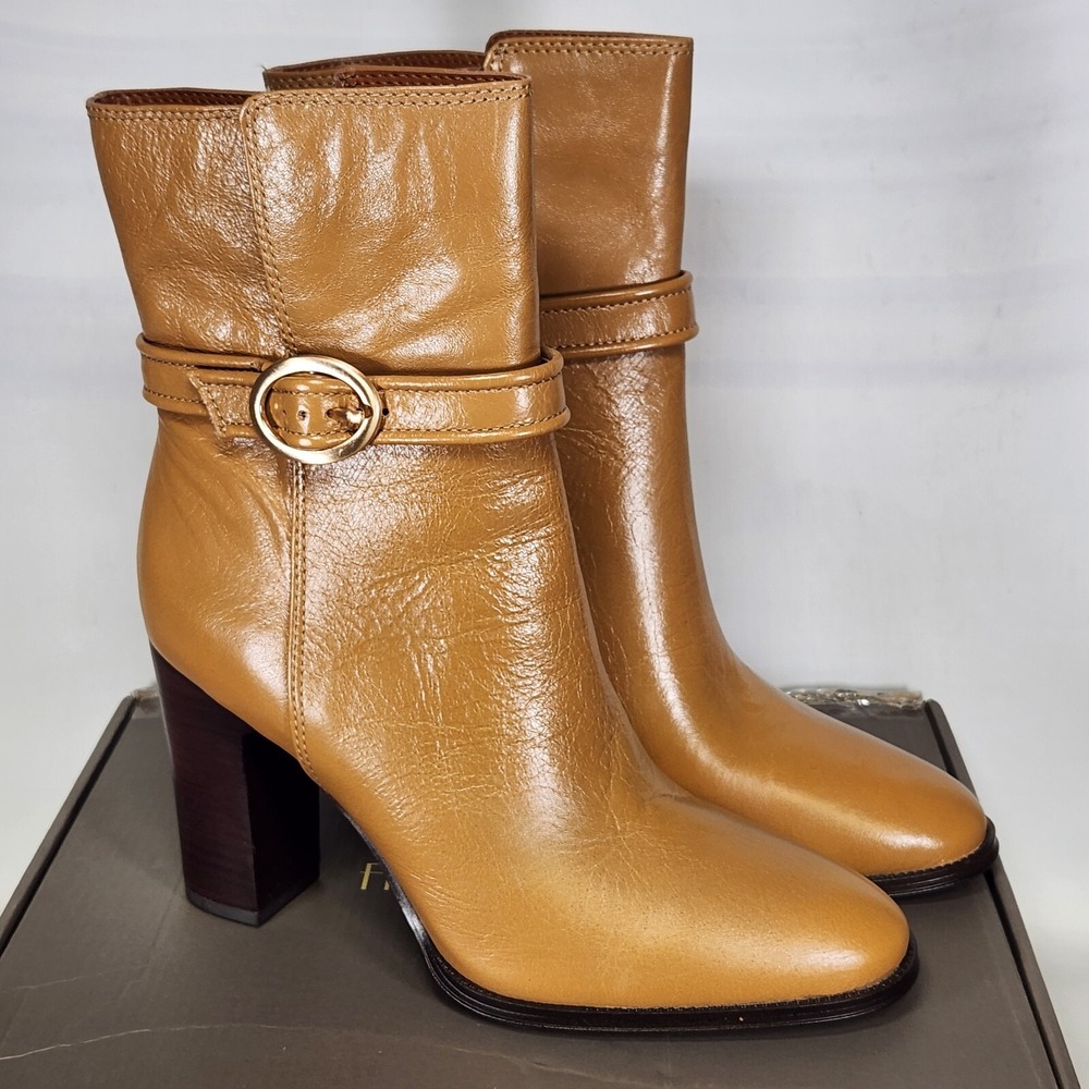 Franco Sarto Boot Women Size 8.5 Tan Leather Ankle Block Heel Buckle Strap